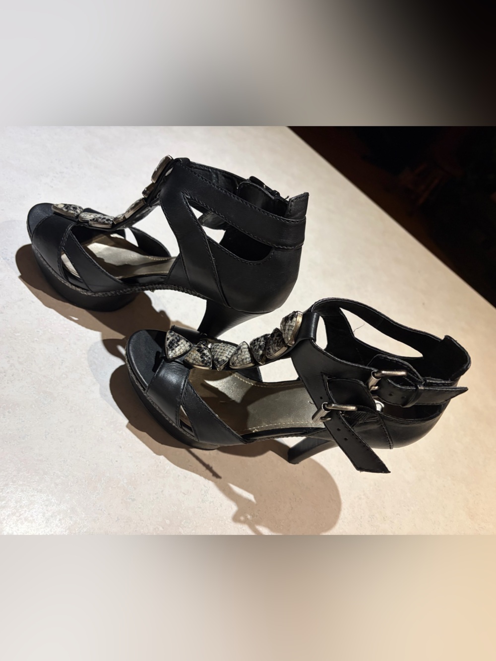 Fergie Black Strappy High Heel Platforms with Snakeskin Detail